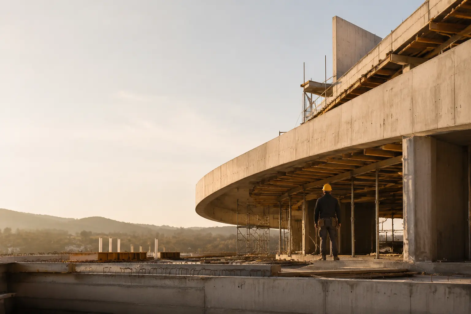 Chantier contemporain en béton au lever du jour