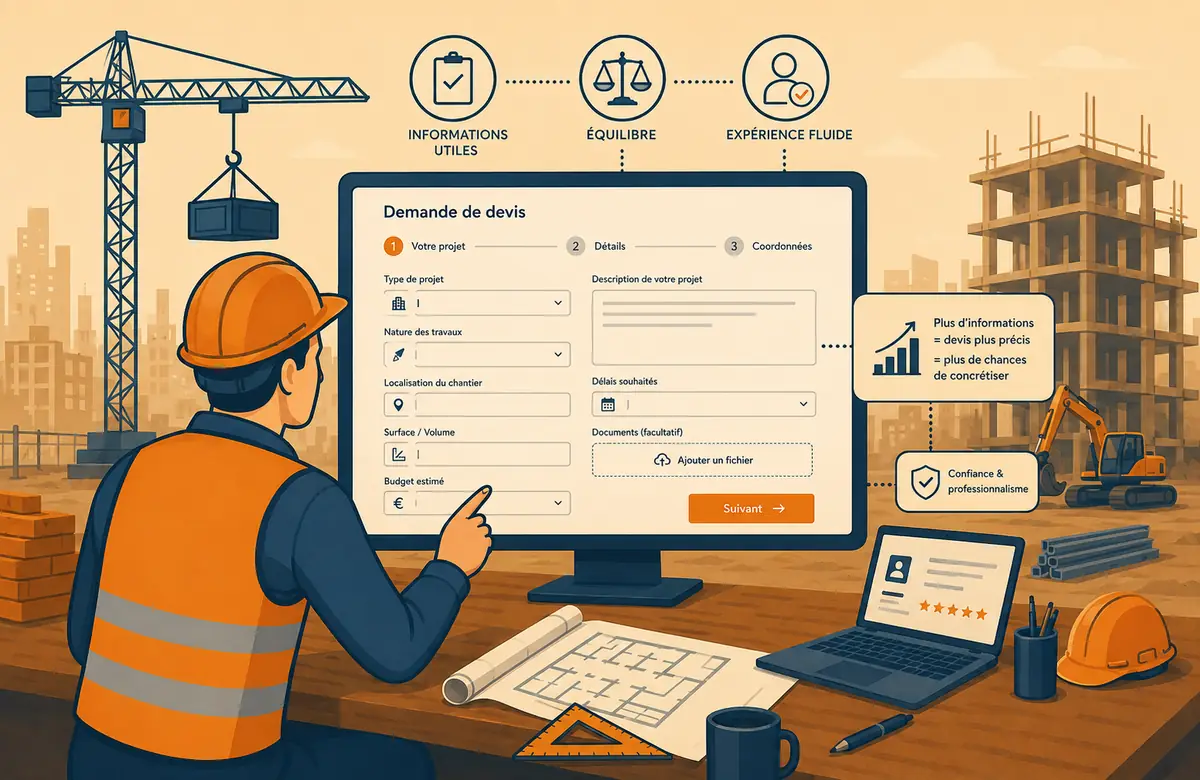 Professionnel remplissant un formulaire de demande de devis BTP sur une tablette
